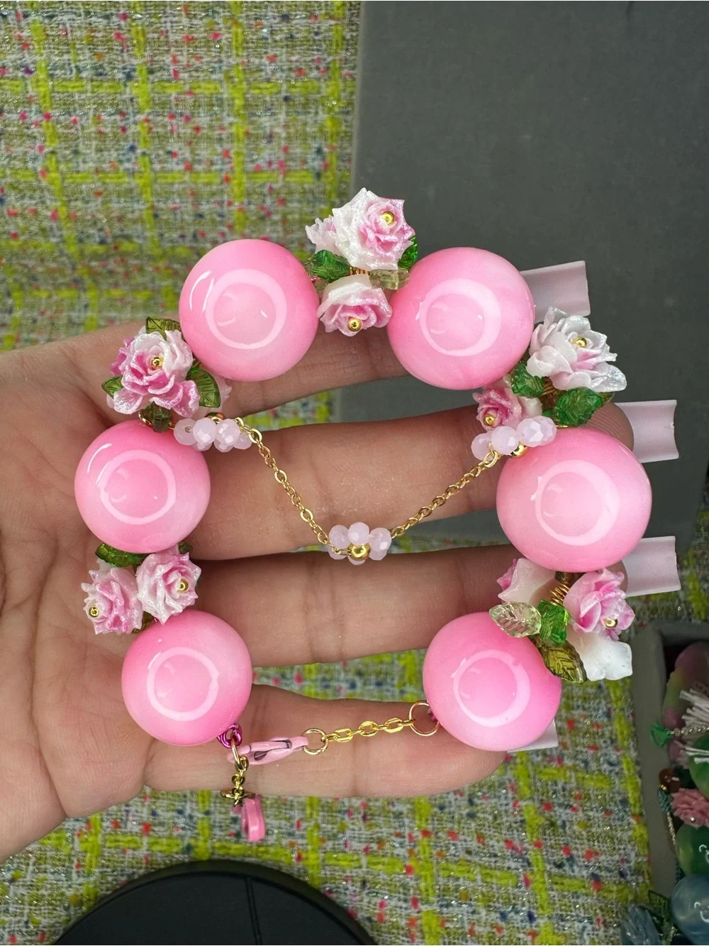 Pink Floral with Coral Bead Bracelet